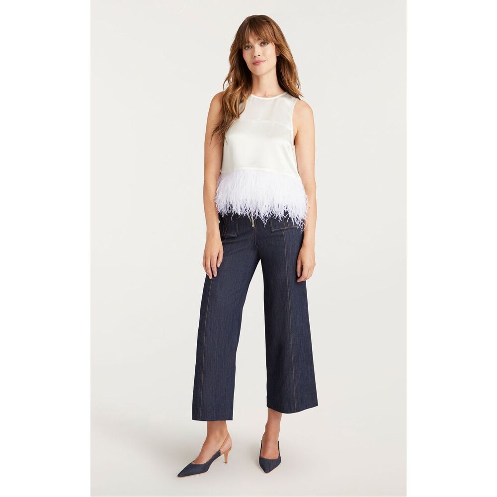 Feather-Hem Sleeveless Blouse in White